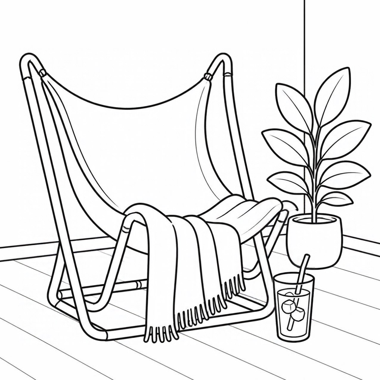 Black-and-white coloring page from page 91: a peaceful hammock scene