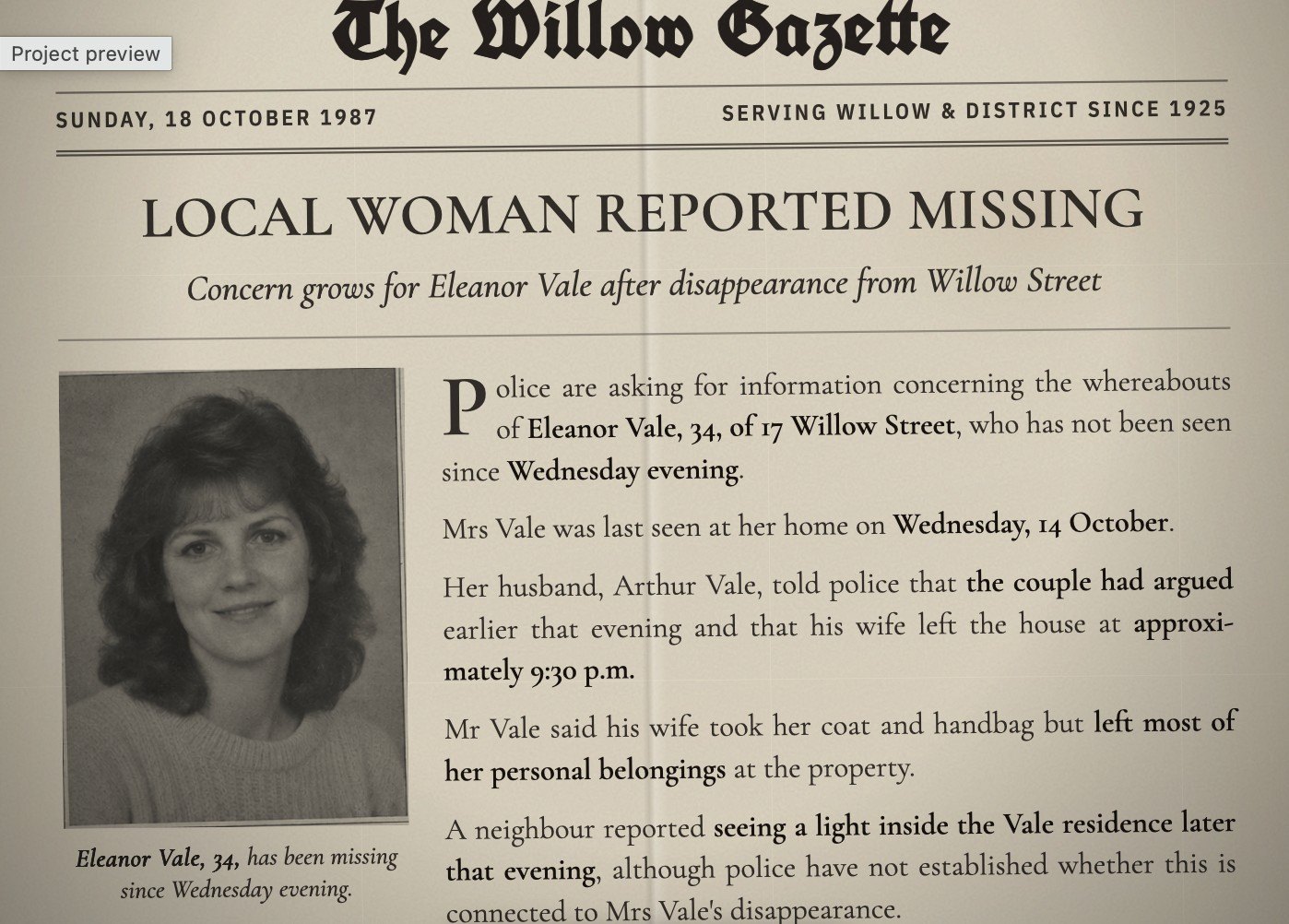 Game screenshot: a 1987 newspaper front page from The Willow Gazette reporting a local woman missing