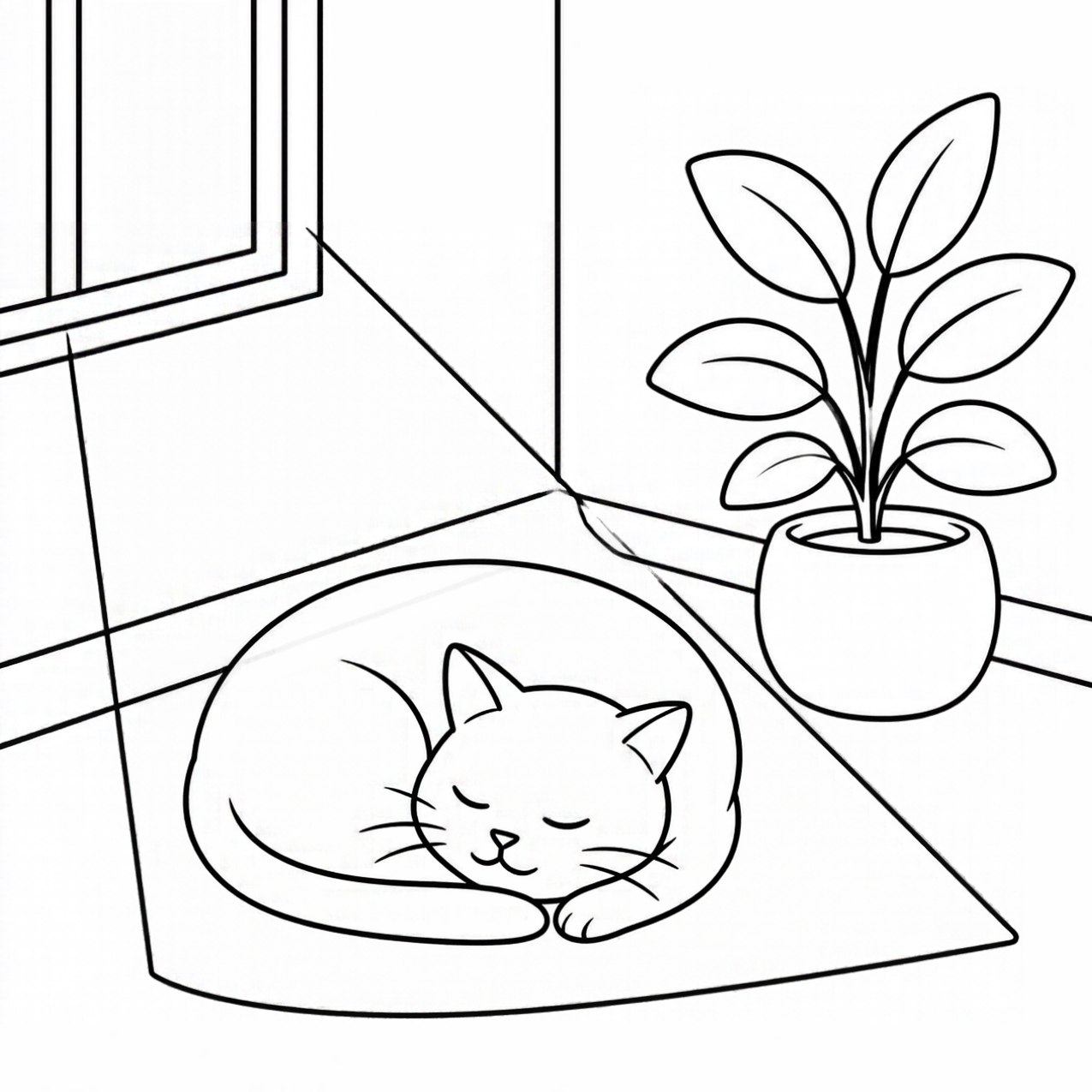 Black-and-white coloring page from page 65: a cat curled up asleep