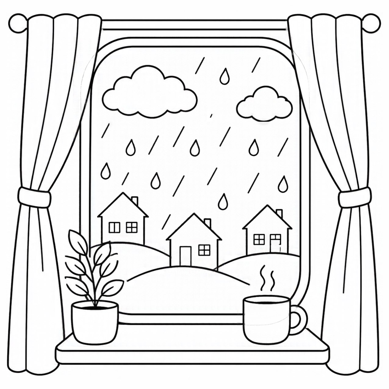 Black-and-white coloring page from page 29: a rainy day seen through a window