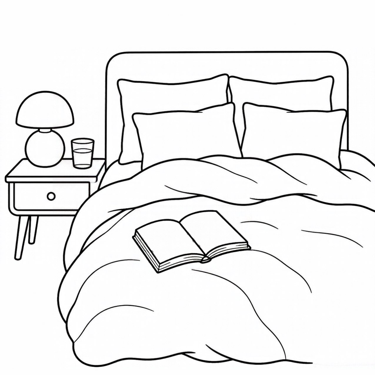 Black-and-white coloring page from page 7: a cozy bedroom with bold, simple outlines