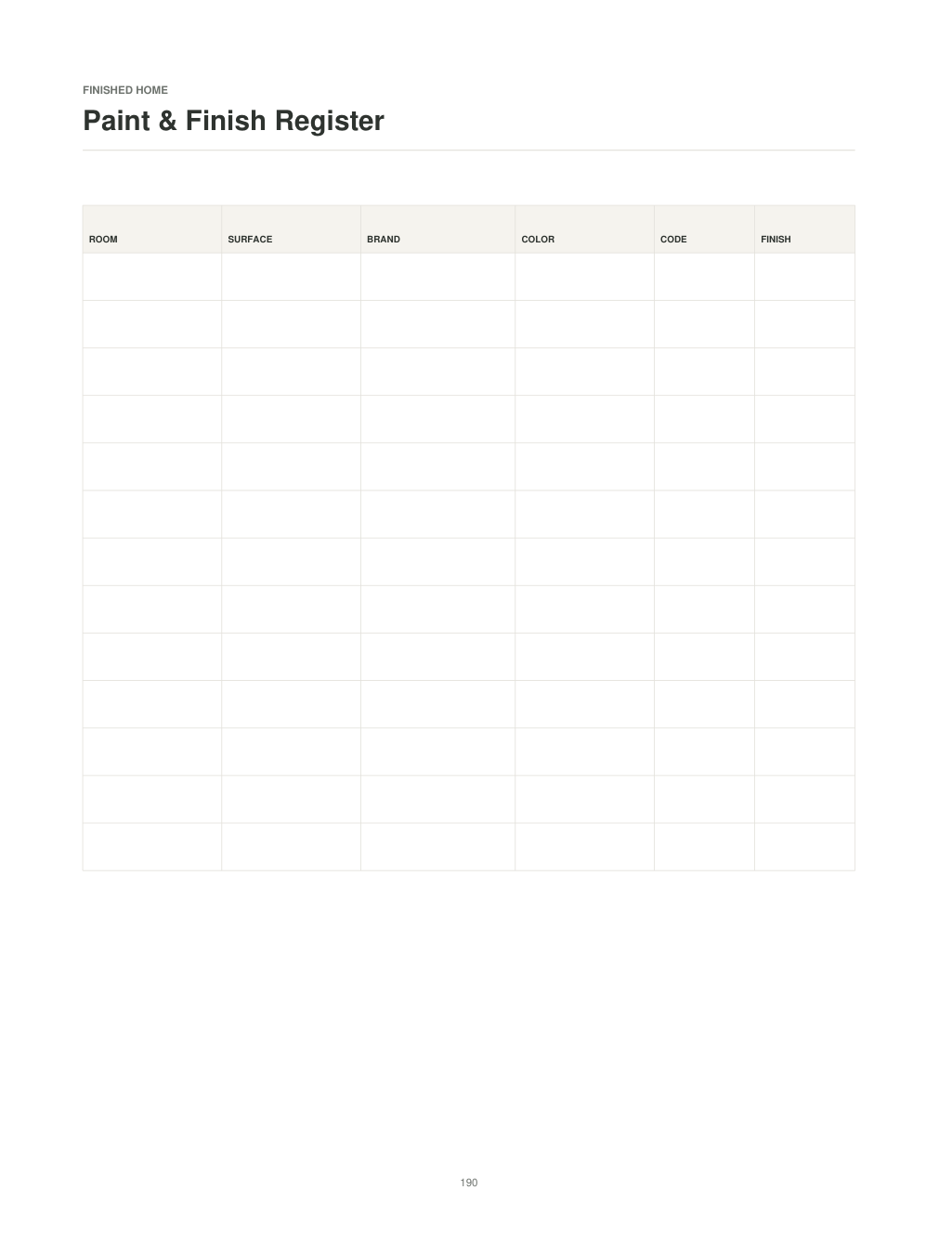 Interior preview of The Complete Home Renovation Planner: Paint & Finish Register page