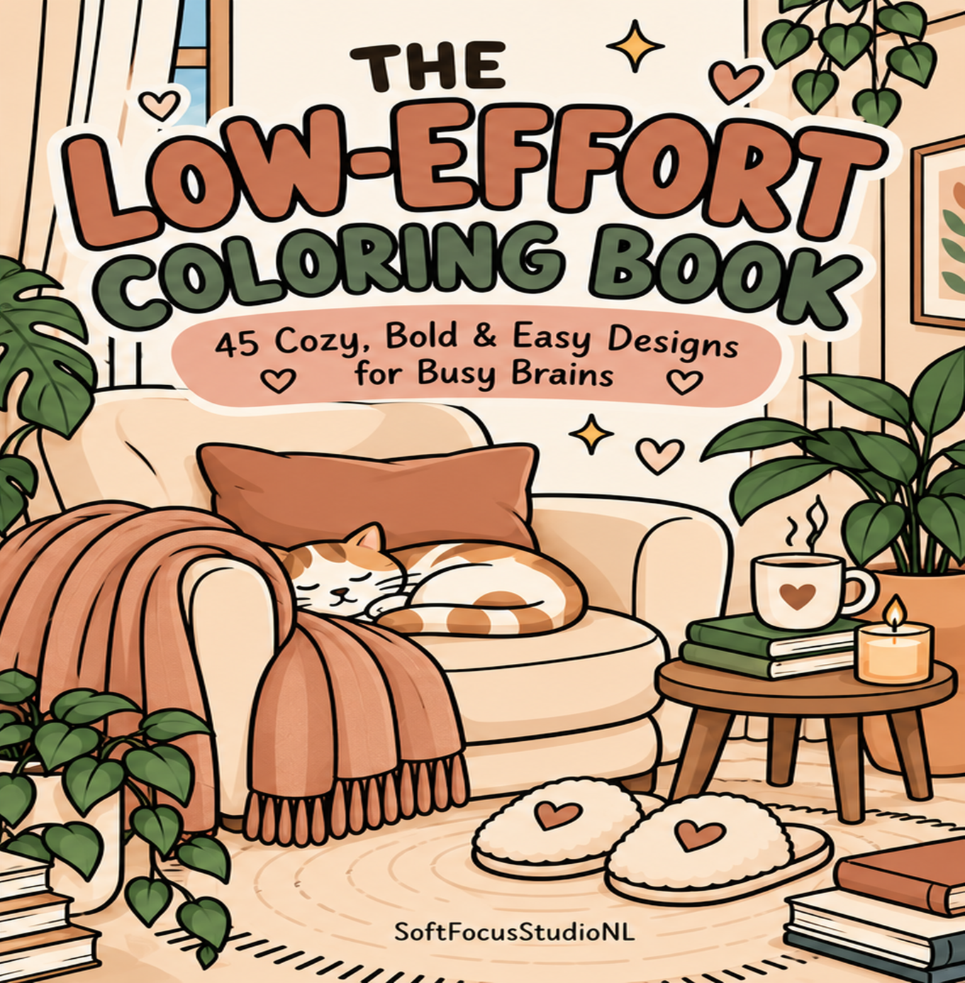 Front cover of The Low-Effort Coloring Book by SoftFocus StudioNL: a cozy illustrated reading corner in soft colors