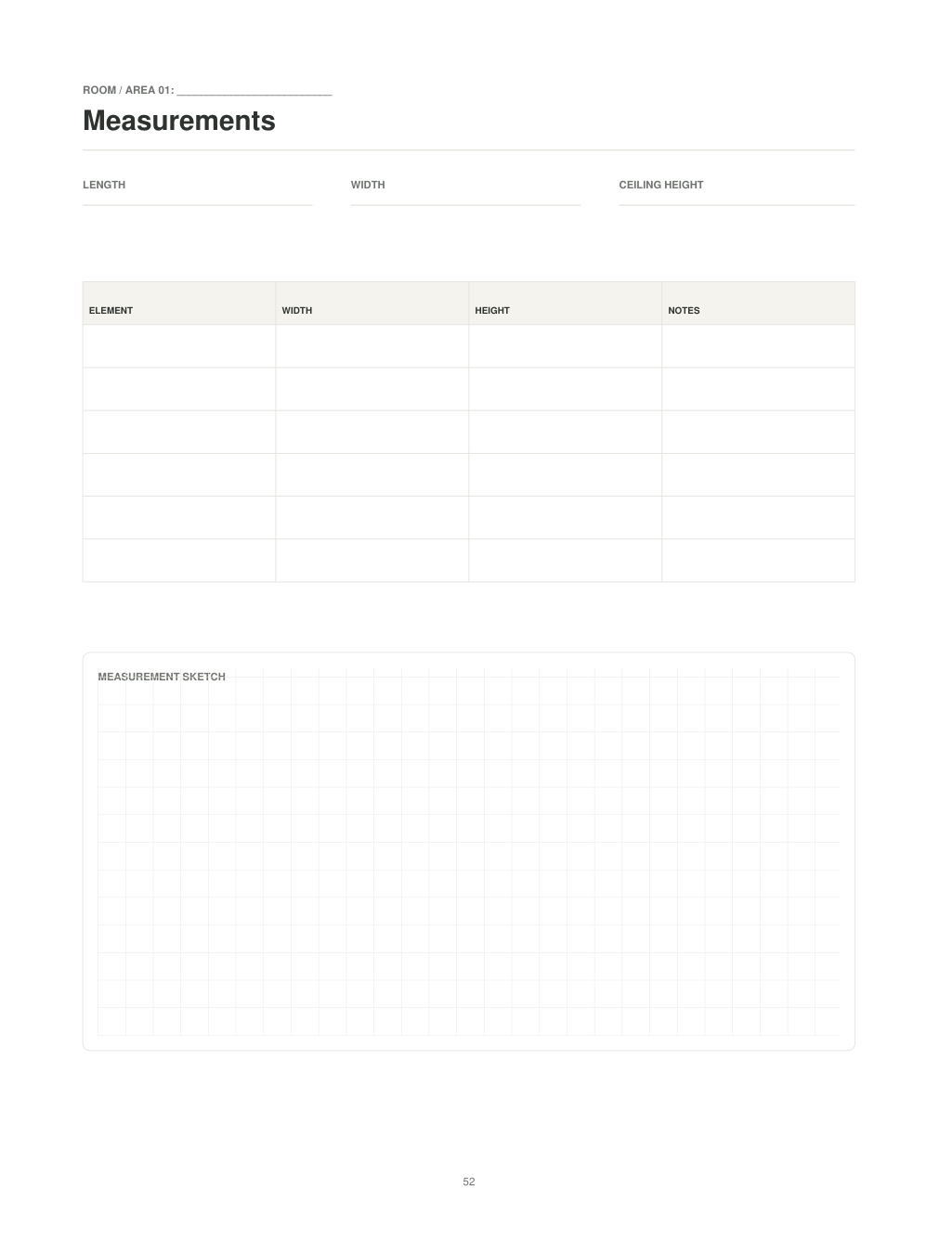 Interior preview of The Complete Home Renovation Planner: Room Measurements page