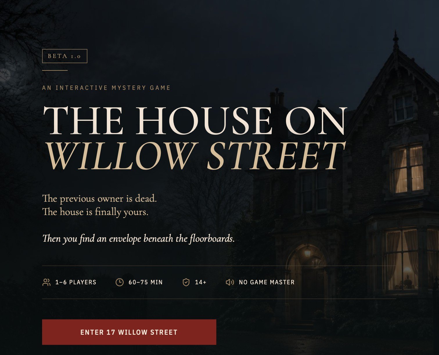 Title screen of The House on Willow Street: a dark Victorian house at night with lit windows