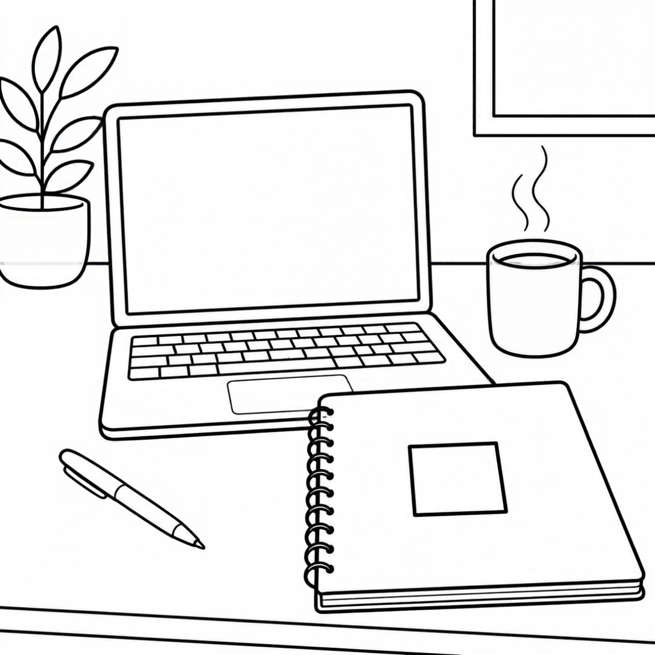 Black-and-white coloring page from page 43: a notebook and creative workspace