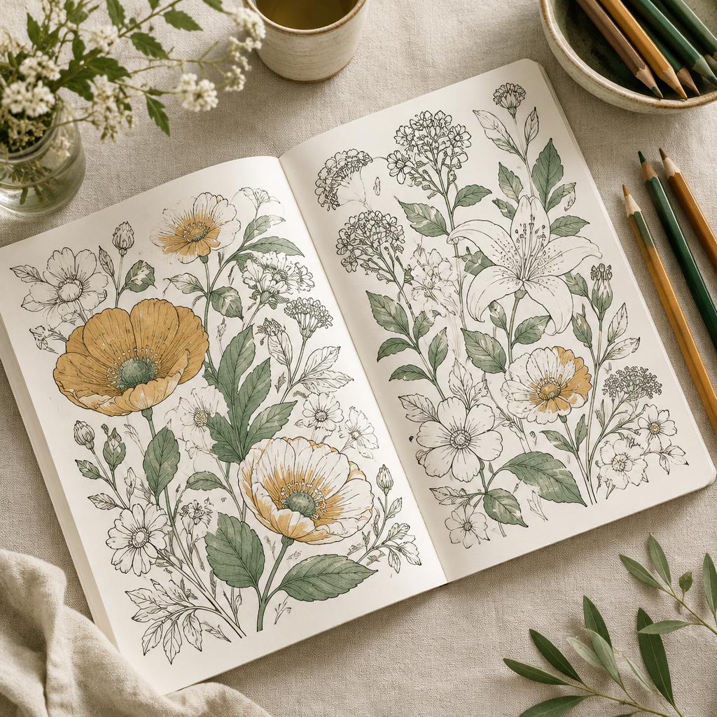 Botanical coloring pages with softly colored flowers and pencils