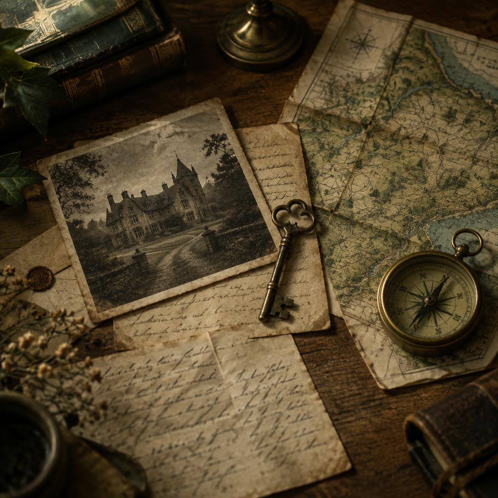 Vintage house photograph, antique key and a map on a wooden desk
